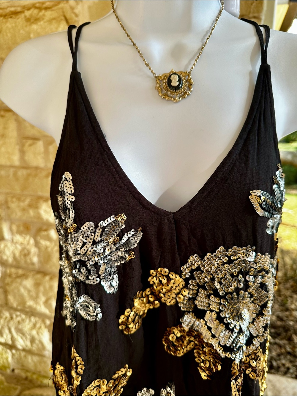 Free People Black Backless Slip Dress with Gold and Silver Floral Sequins - XS - Picture 5 of 13